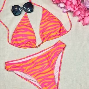 NWT Pink & Orange Zebra Print Bikini Set | Triangle Top & Hi-Rise Bottoms Size L